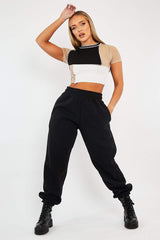 Camel Multi Contrast Stitch Panel Crop Top - Desire-Crop Tops