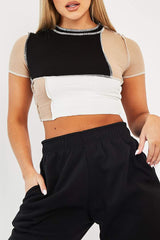 Camel Multi Contrast Stitch Panel Crop Top - Desire-Crop Tops