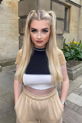 Camel Multi Contrast Stitch Panel Crop Top - Desire-Crop Tops