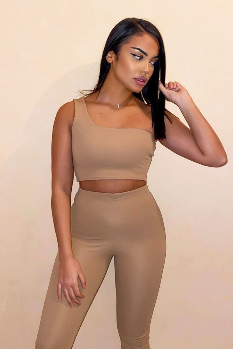 Camel One Shoulder Crop Top and Leggings Co-Ord - Marrie