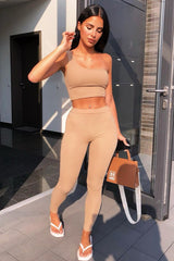Camel One Shoulder Crop Top and Leggings Co-Ord - Marrie-Co-ords