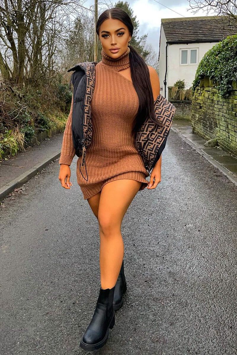 Camel One Shoulder High Neck Knit Mini Dress - Elien-Dresses