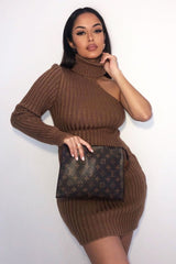 Camel One Shoulder High Neck Knit Mini Dress - Elien-Dresses