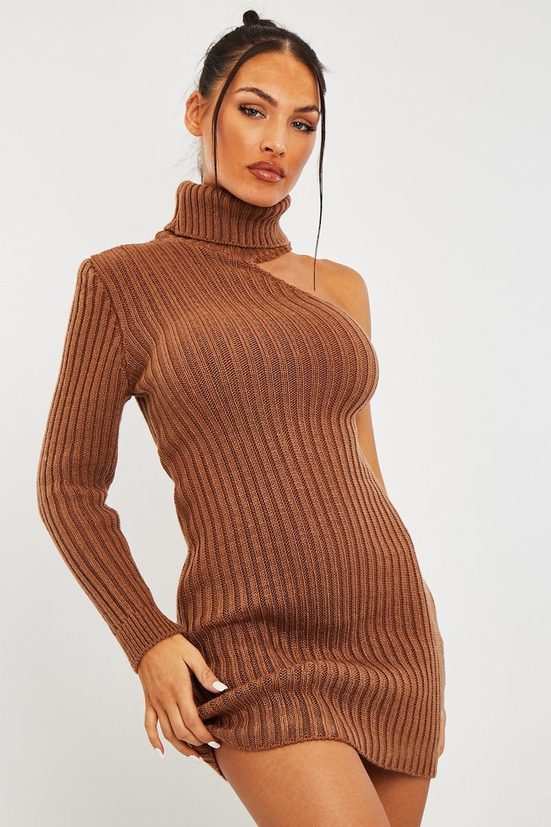 Camel One Shoulder High Neck Knit Mini Dress - Elien-Dresses