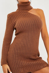 Camel One Shoulder High Neck Knit Mini Dress - Elien-Dresses