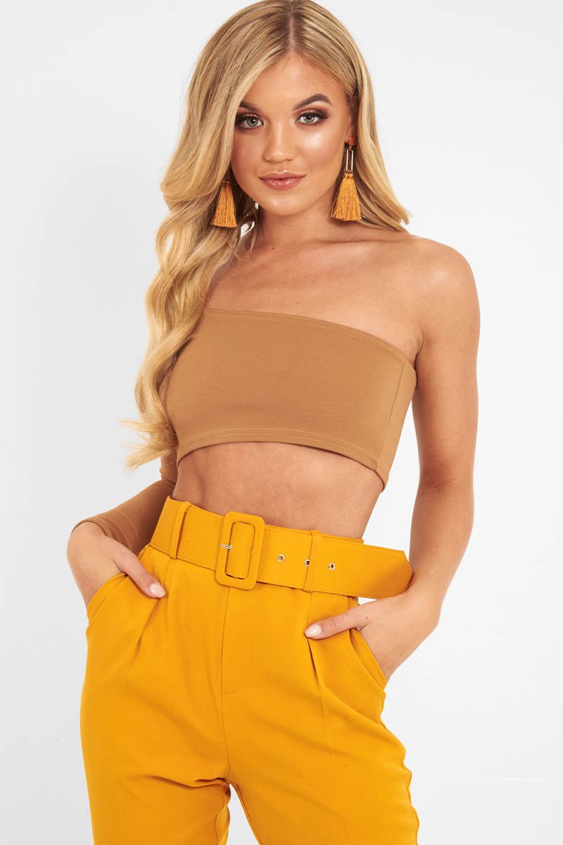 Camel One Shoulder Long Sleeve Crop Top - Jazmyn-Crop Tops
