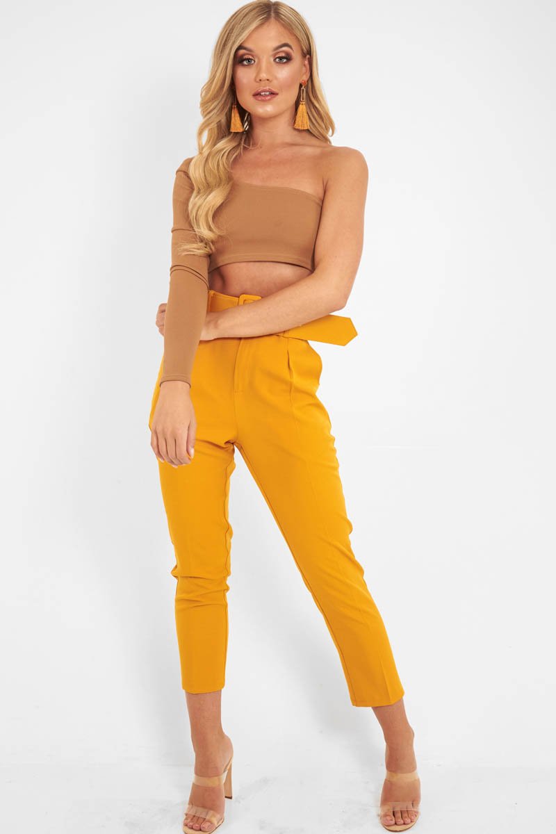 Camel One Shoulder Long Sleeve Crop Top - Jazmyn-Crop Tops