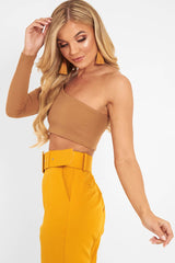 Camel One Shoulder Long Sleeve Crop Top - Jazmyn-Crop Tops