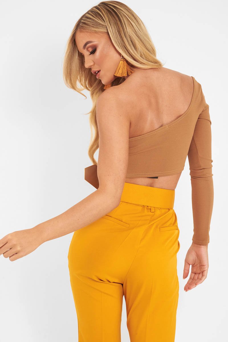 Camel One Shoulder Long Sleeve Crop Top - Jazmyn-Crop Tops
