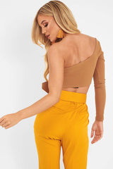 Camel One Shoulder Long Sleeve Crop Top - Jazmyn-Crop Tops