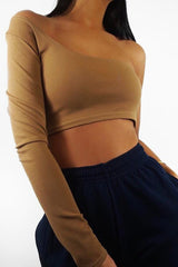 Camel One Shoulder Long Sleeve Crop Top - Jazmyn-Crop Tops