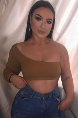 Camel One Shoulder Long Sleeve Crop Top - Jazmyn-Crop Tops