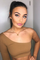 Camel One Shoulder Long Sleeve Crop Top - Jazmyn-Crop Tops