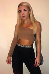 Camel One Shoulder Long Sleeve Crop Top - Jazmyn-Crop Tops