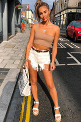 Camel One Shouldered Crop Top - Kamri-Crop Tops