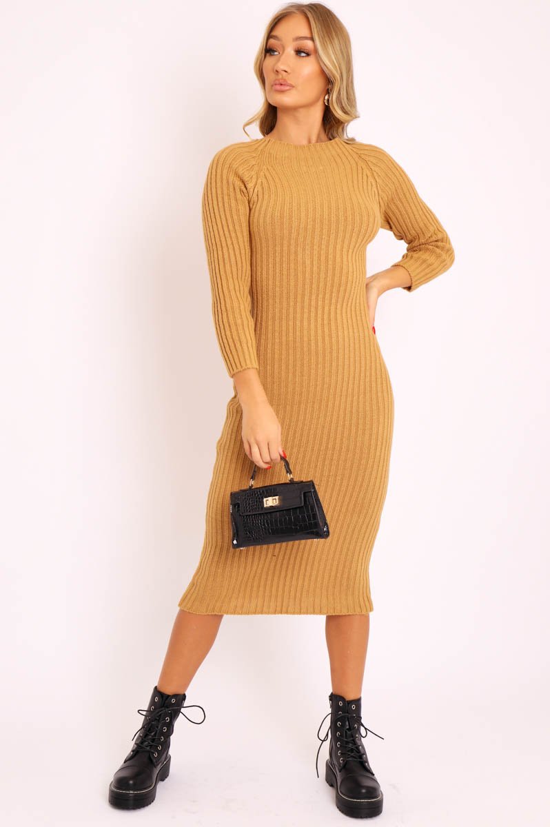 Camel Open Twist Back Knit Midi Dress