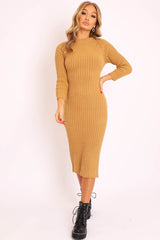 Camel Open Twist Back Maxi Bodycon Jumper Dress - Karrah-Dresses