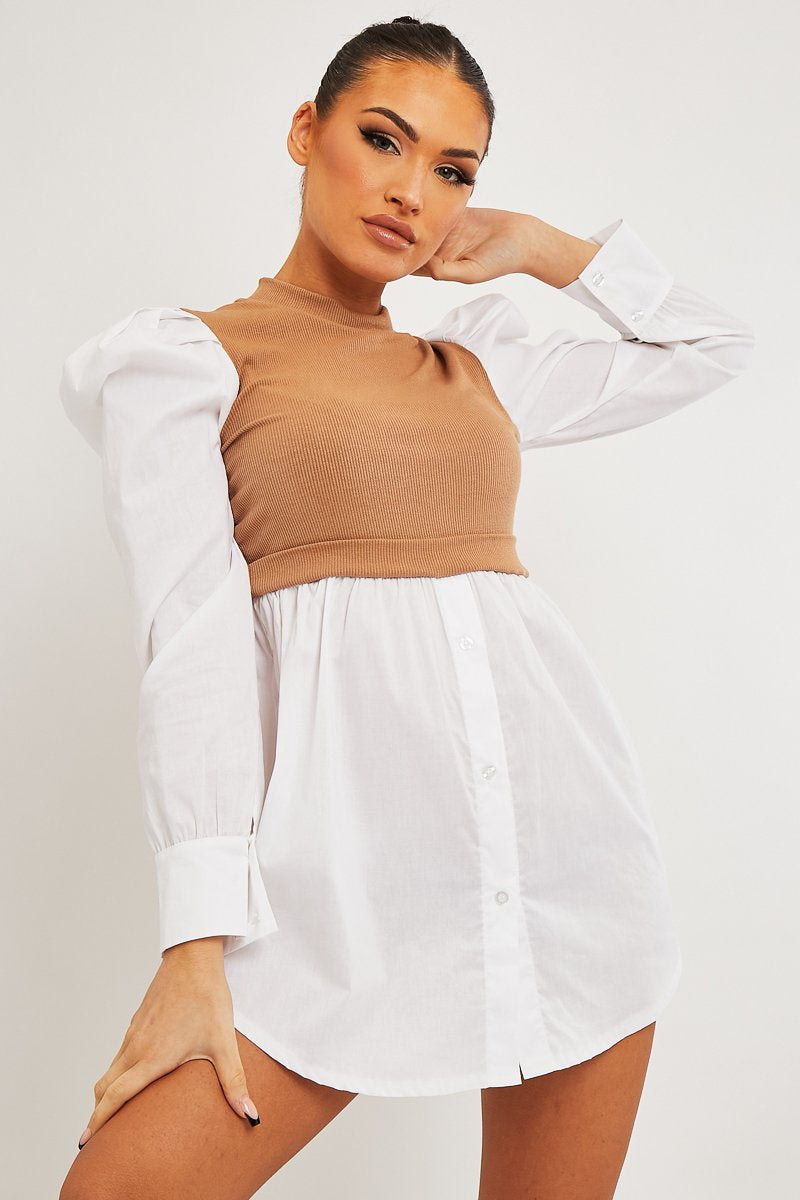 Camel Overlay Detail Puff Sleeve White Shirt Dress - Olah-Shirts