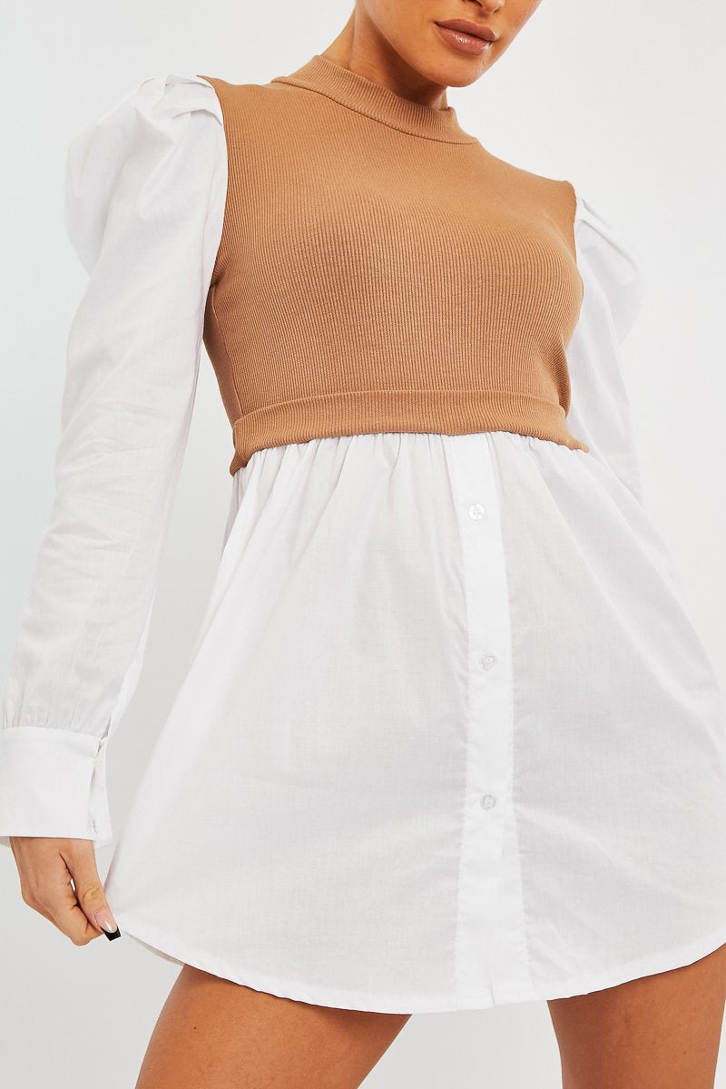 Camel Overlay Detail Puff Sleeve White Shirt Dress - Olah-Shirts
