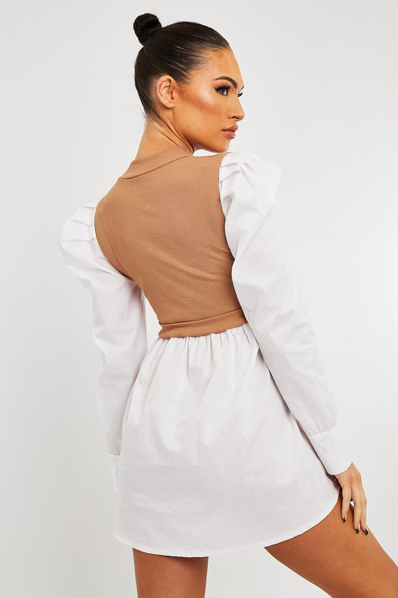 Camel Overlay Detail Puff Sleeve White Shirt Dress - Olah-Shirts