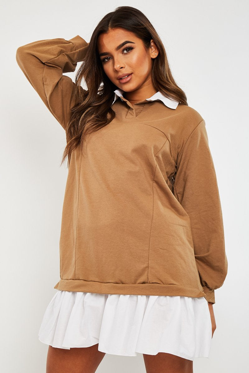 Camel Oversized Jumper Shirt Dress - Islah-Dresses