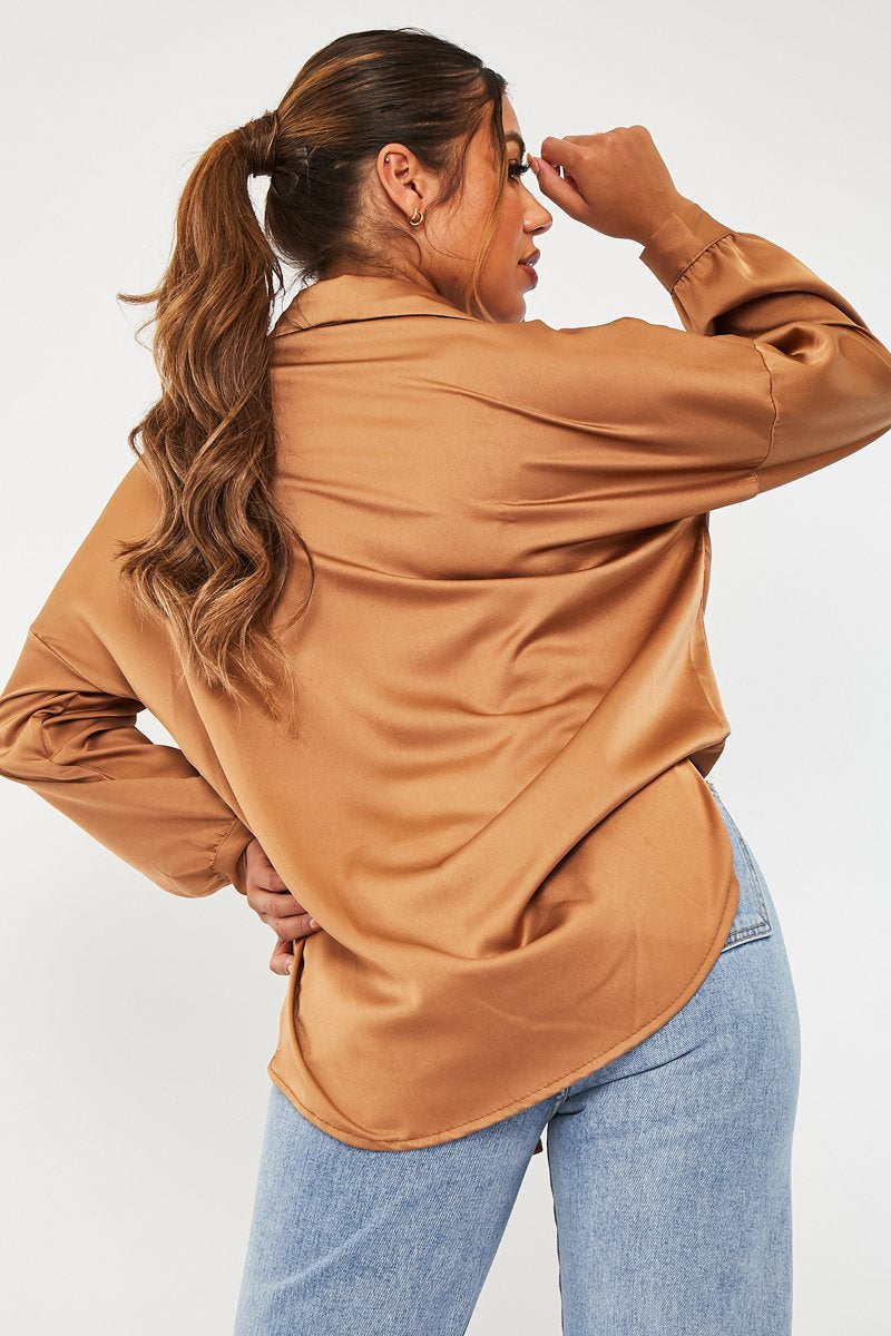 Camel Oversized Satin Shirt - Carine-Shirts