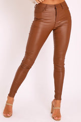 Camel PU Coated Skinny Jeans - Rachell-Jeans
