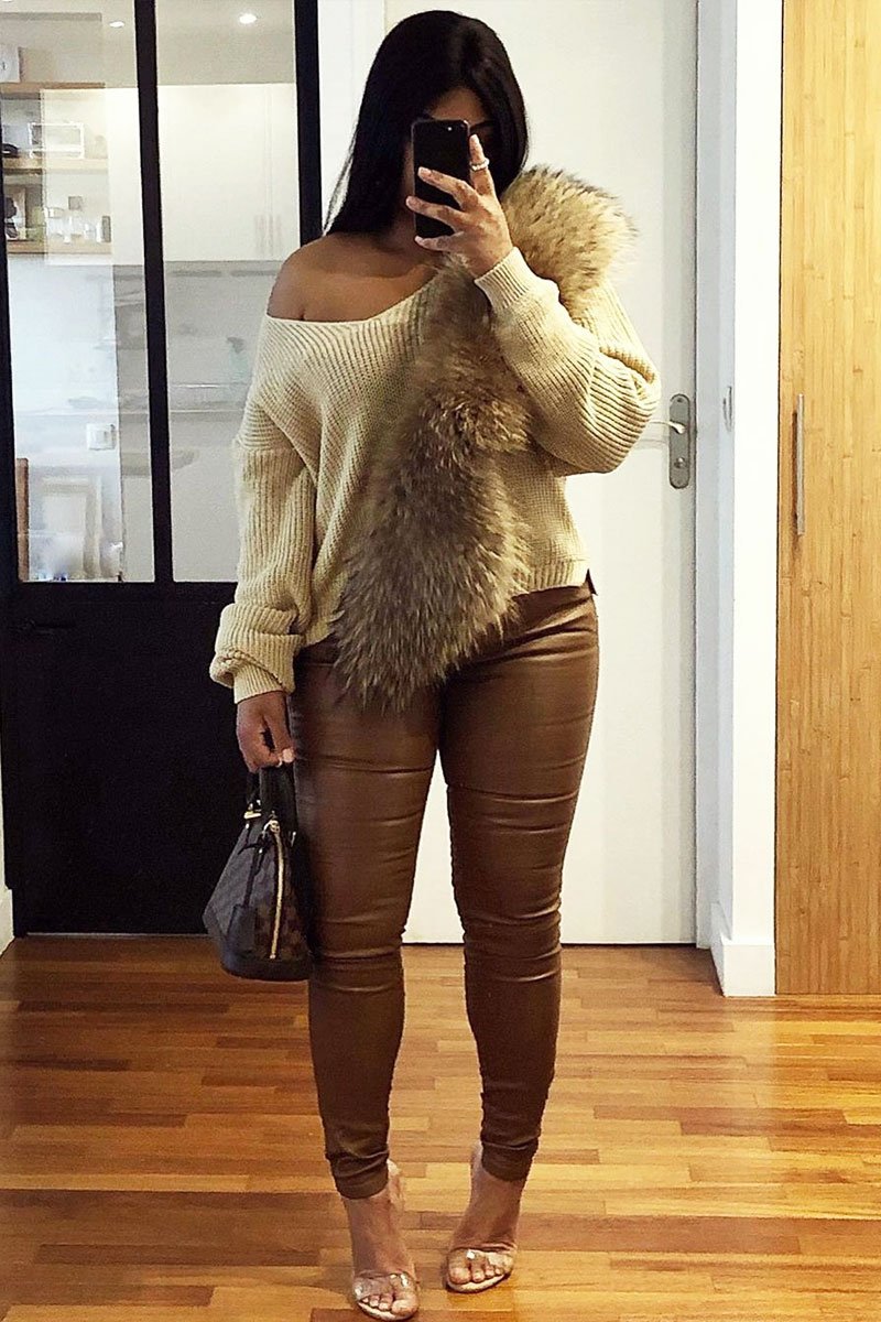 Camel PU Coated Skinny Jeans - Rachell-Jeans