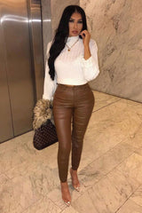 Camel PU Coated Skinny Jeans - Rachell-Jeans