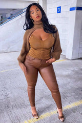 Camel PU Coated Skinny Jeans - Rachell-Jeans