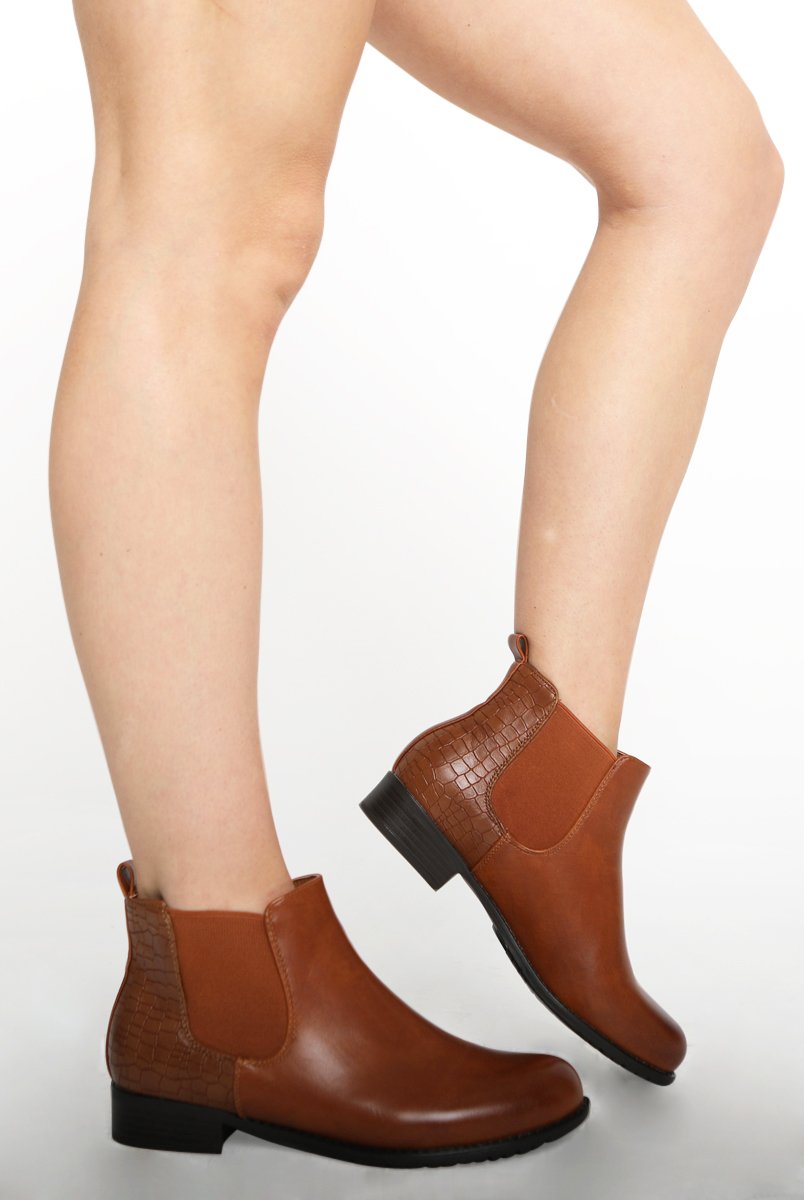 Camel PU Croc Low Ankle Chelsea Boots - Hope-Boots