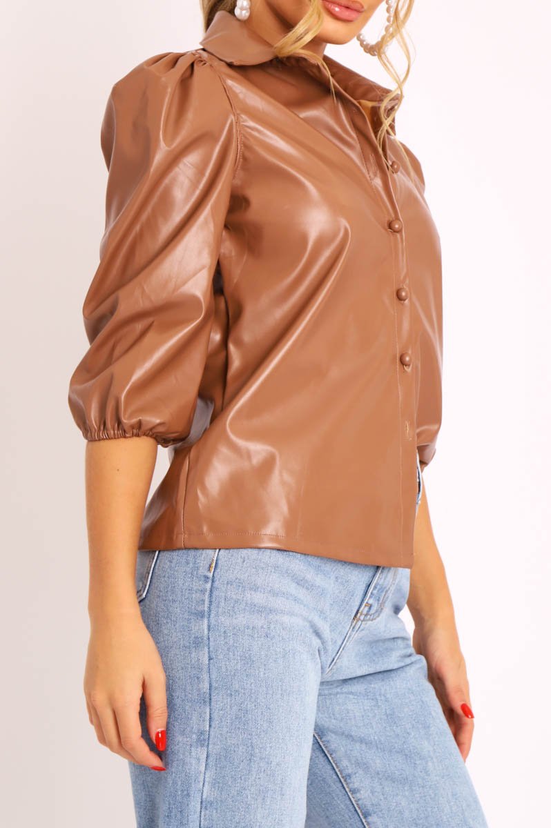 Camel PU leather 3/4 Puff Sleeve Shirt - Pyper-Shirts