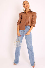 Camel PU leather 3/4 Puff Sleeve Shirt - Pyper-Shirts