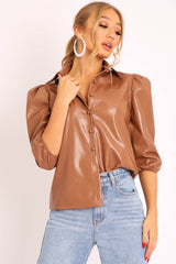 Camel PU leather 3/4 Puff Sleeve Shirt - Pyper-Shirts