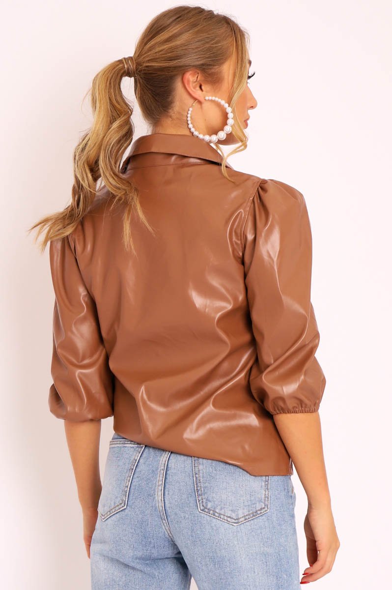 Camel PU leather 3/4 Puff Sleeve Shirt - Pyper-Shirts