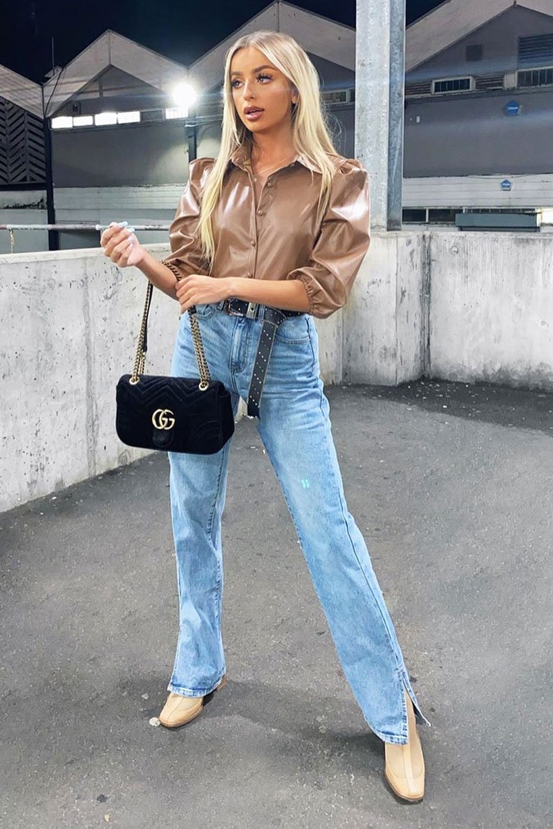 Camel PU leather 3/4 Puff Sleeve Shirt - Pyper-Shirts