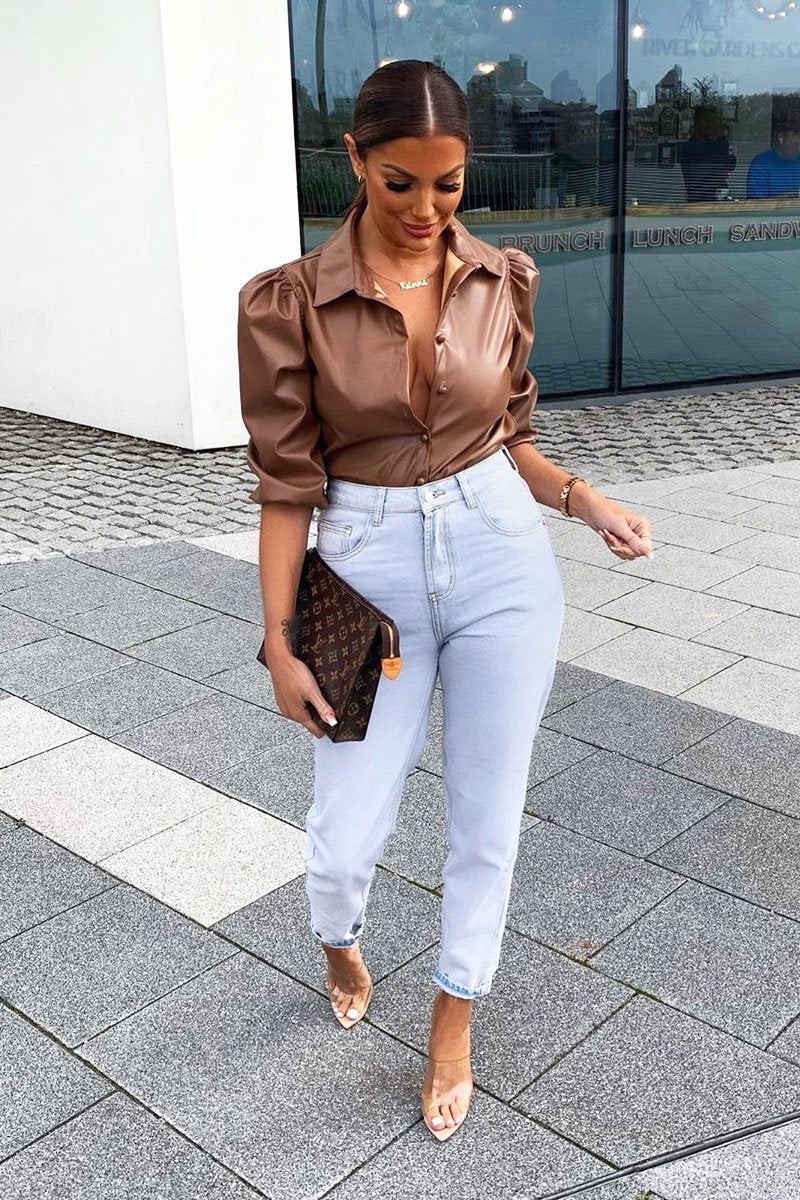 Camel PU leather 3/4 Puff Sleeve Shirt - Pyper-Shirts