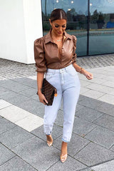 Camel PU leather 3/4 Puff Sleeve Shirt - Pyper-Shirts