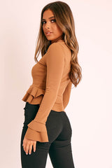 Camel Peplum Frill Long Sleeve Top - Fari-Tops