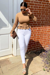 Camel Peplum Frill Long Sleeve Top - Fari-Tops