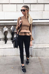 Camel Peplum Frill Long Sleeve Top - Fari-Tops