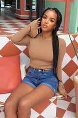 Camel Peplum Frill Long Sleeve Top - Fari-Tops