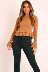 Camel Peplum Frill Long Sleeve Top - Fari-Tops