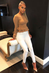 Camel Peplum Frill Long Sleeve Top - Fari-Tops