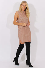 Camel Pleated Bodycon Midi Dress - Mistie-Dresses