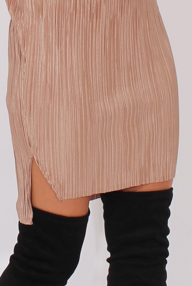 Camel Pleated Bodycon Midi Dress - Mistie-Dresses