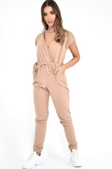 Camel Plunge Drawstring Waist Jumpsuit - Missie-Jumpsuits