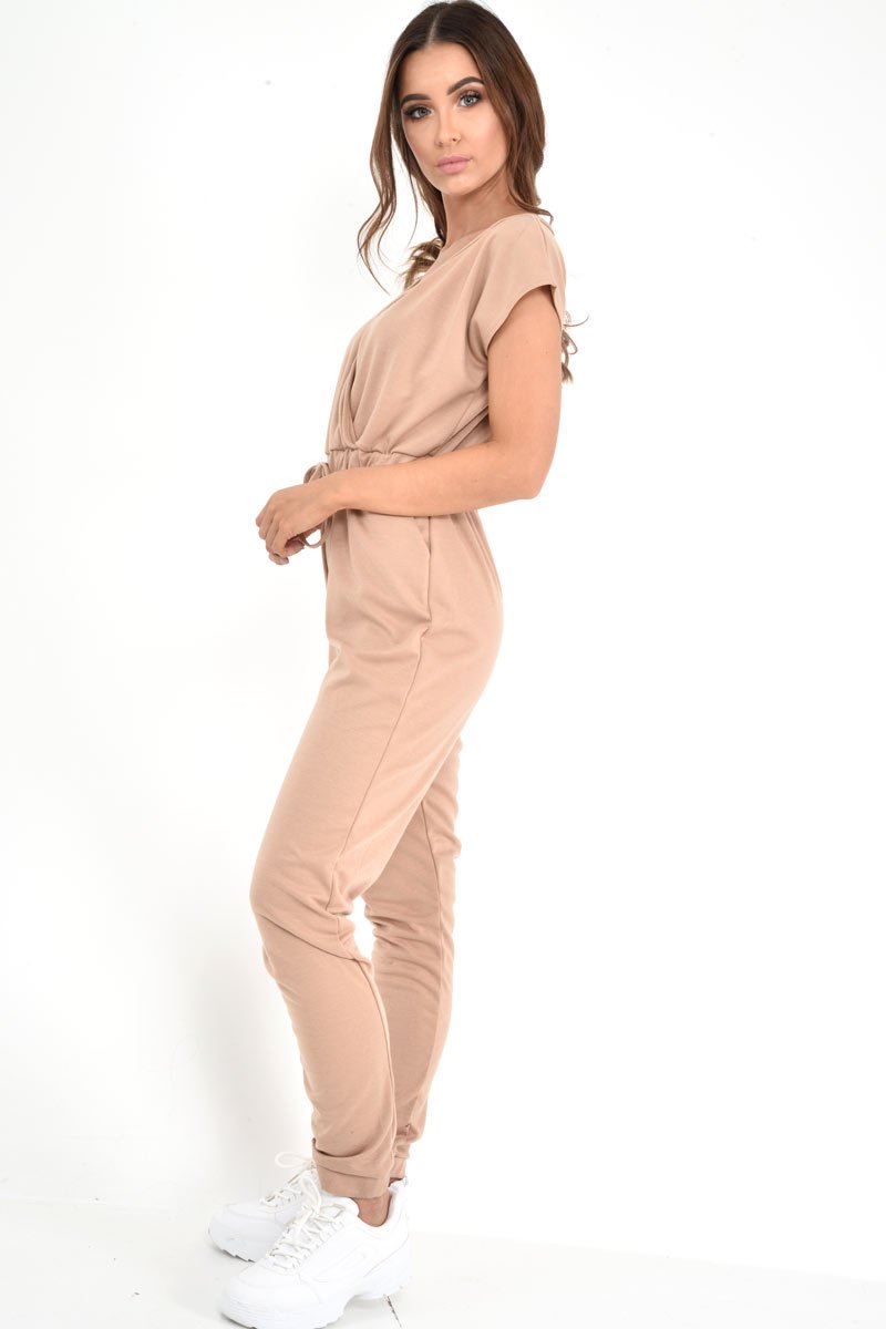 Camel Plunge Drawstring Waist Jumpsuit - Missie-Jumpsuits