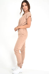 Camel Plunge Drawstring Waist Jumpsuit - Missie-Jumpsuits