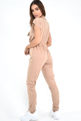 Camel Plunge Drawstring Waist Jumpsuit - Missie-Jumpsuits